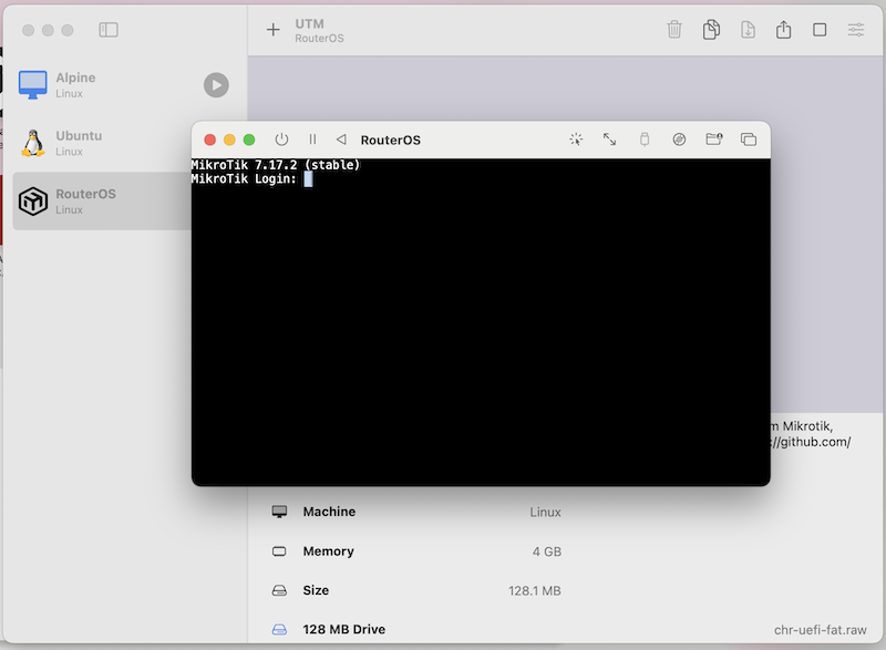 RouterOS CHR running in UTM on macOS
